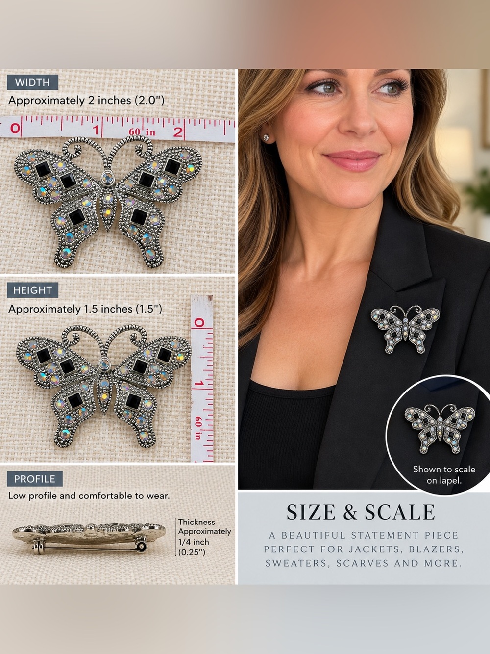 Butterfly Brooch Pin Silver Tone Black Rhinestone Aurora Borealis Crystal